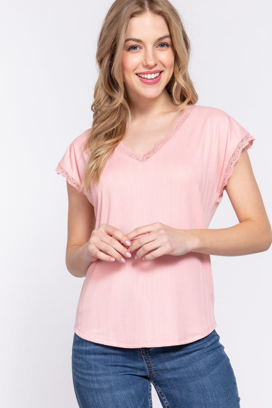 Lace Trim Ribbed Top