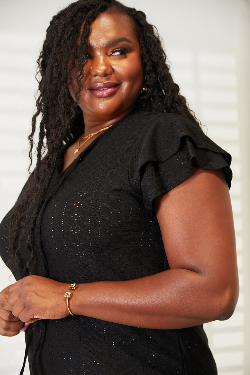 Tie-Neck Flutter Sleeve Blouse