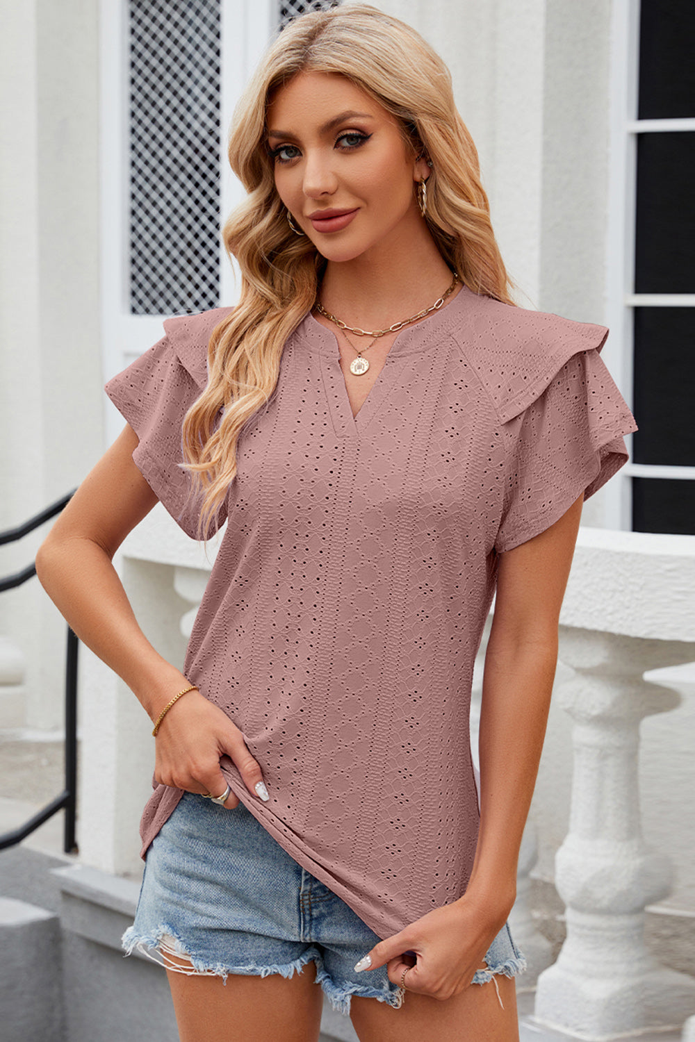 Notched Flutter Sleeve T-Shirt