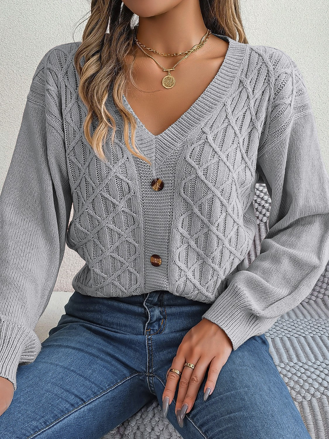 Cable-Knit V-Neck Sweater