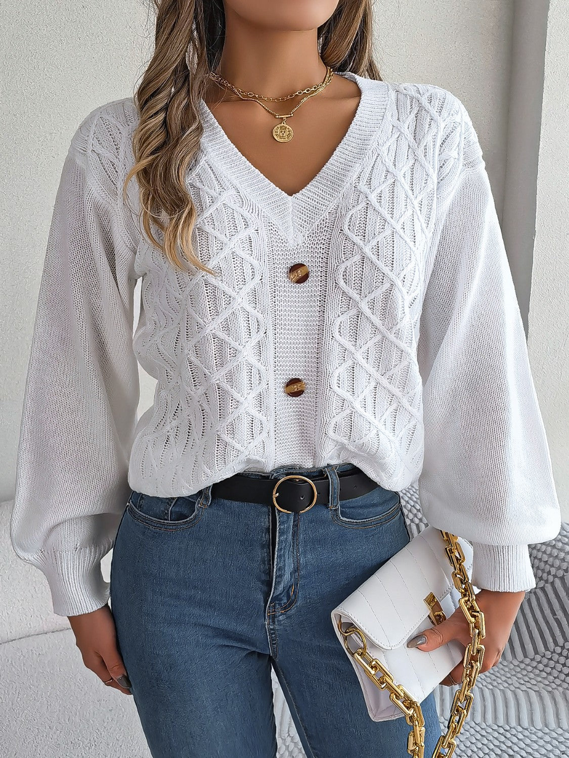 Cable-Knit V-Neck Sweater