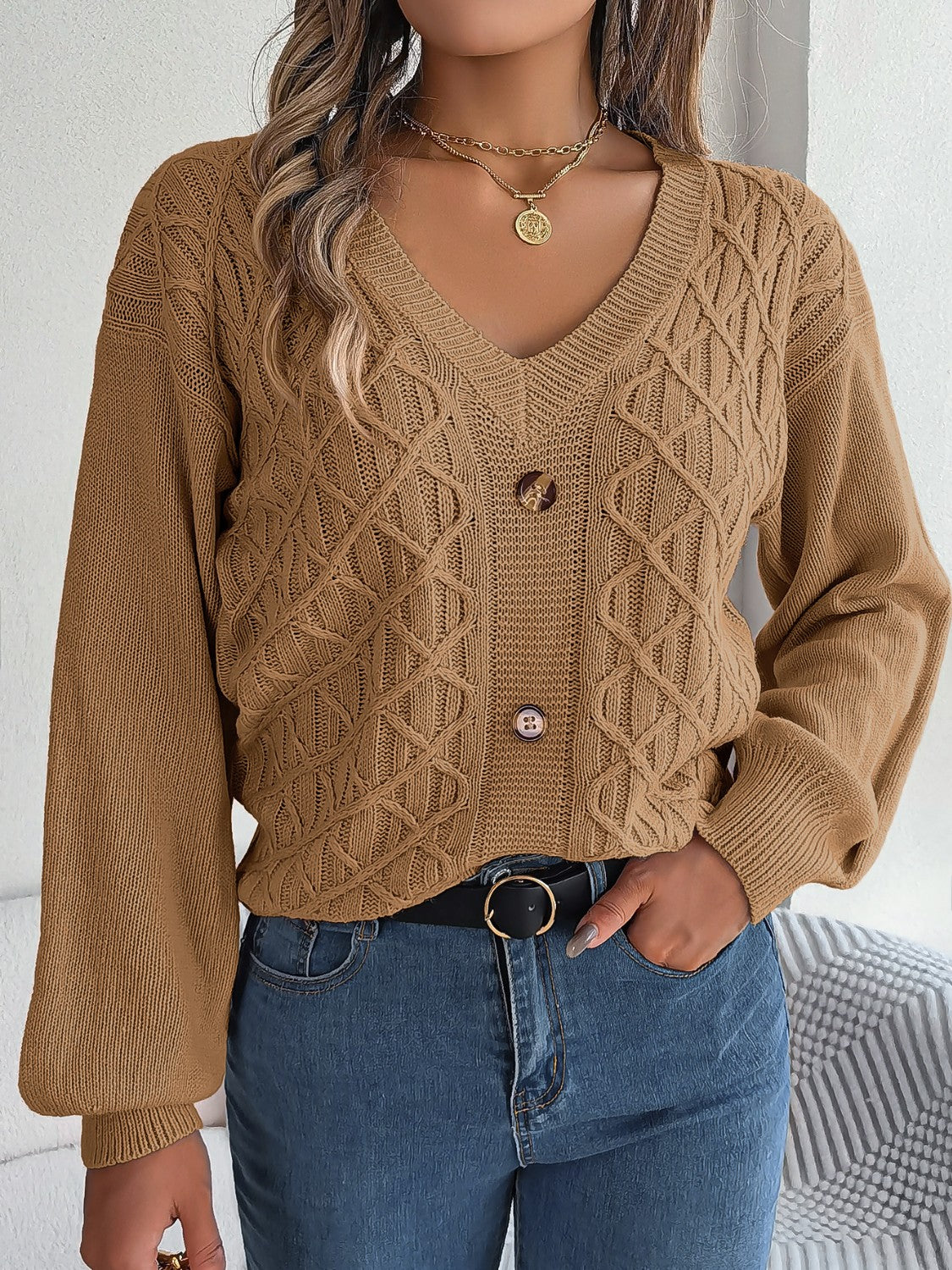 Cable-Knit V-Neck Sweater