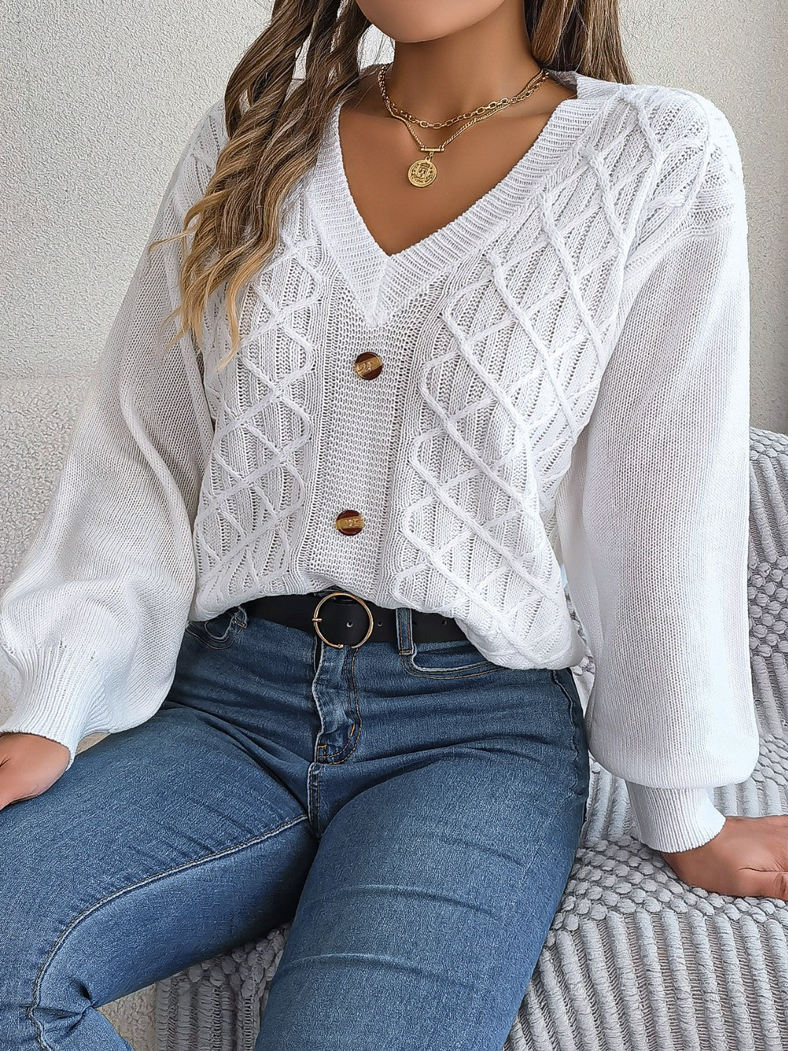 Cable-Knit V-Neck Sweater