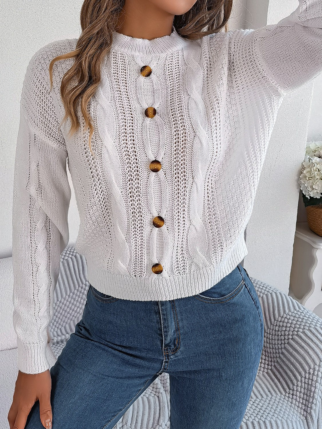 Cable-Knit Buttoned Sweater