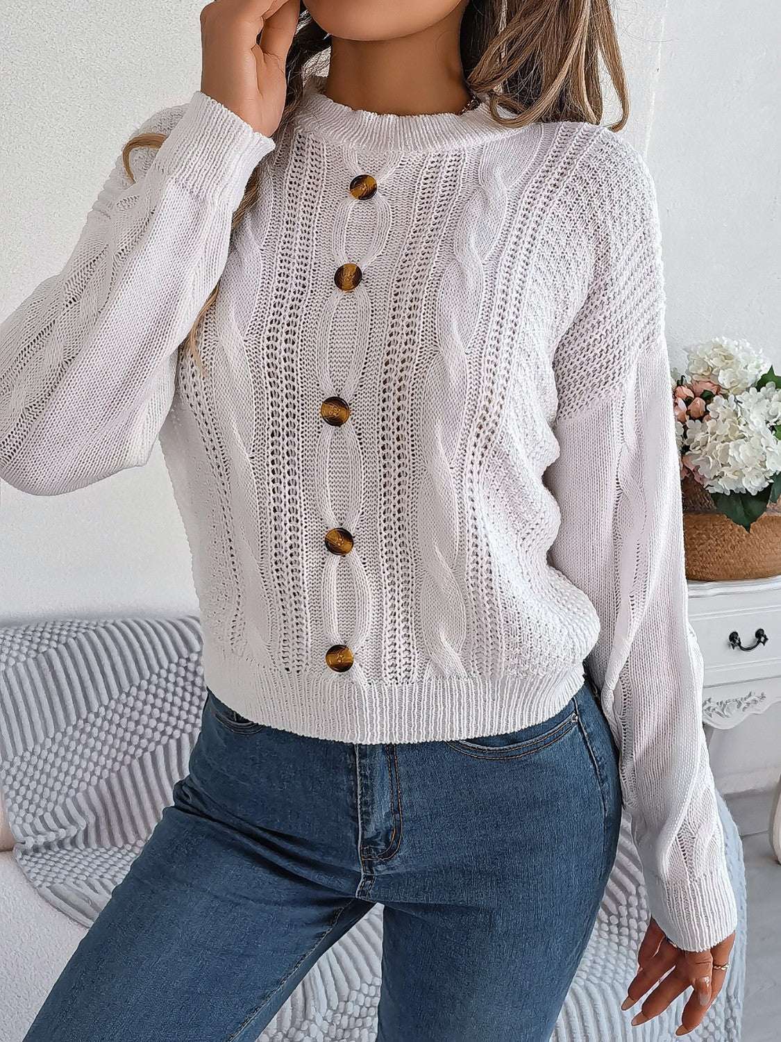 Cable-Knit Buttoned Sweater