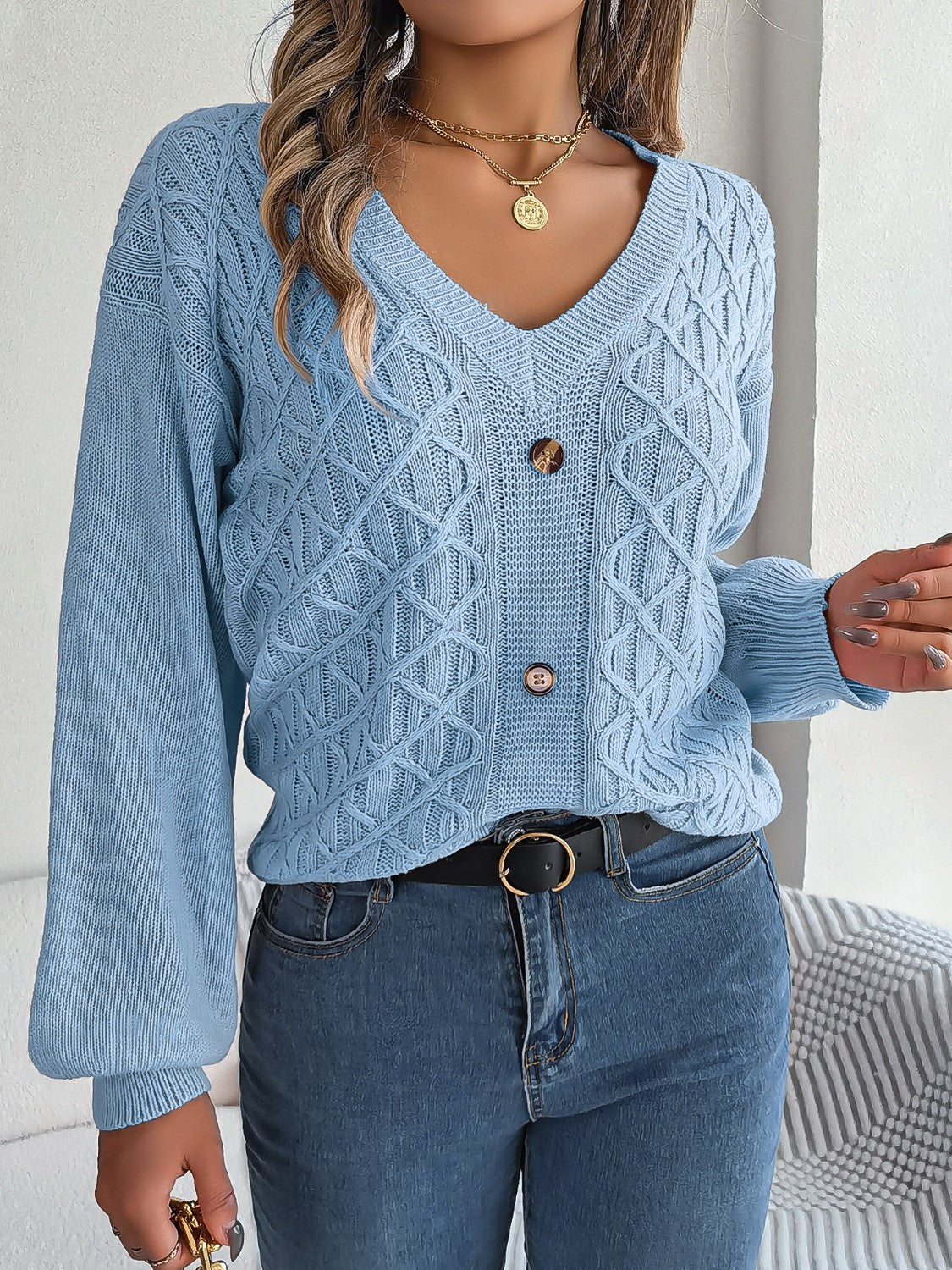 Cable-Knit V-Neck Sweater