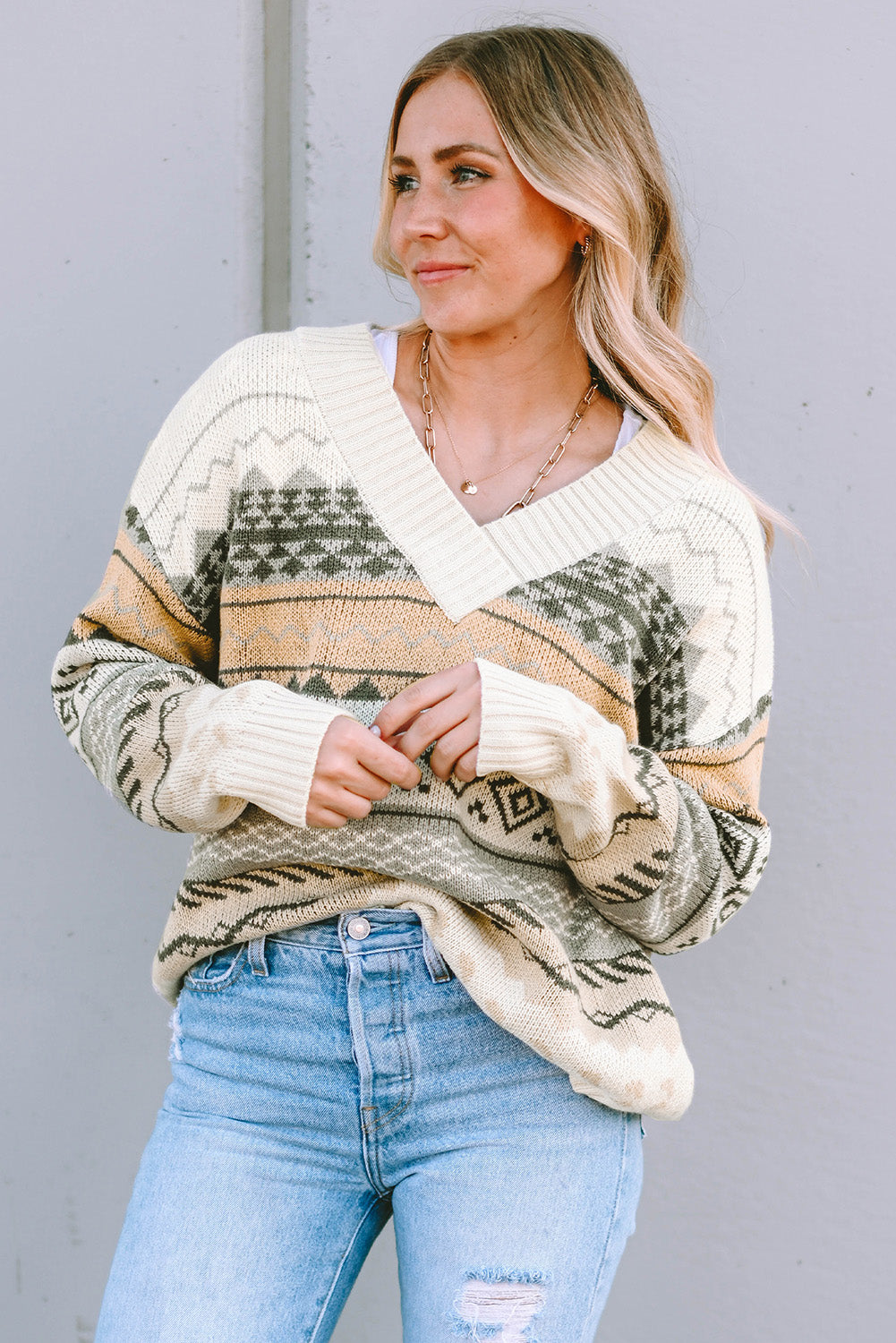 Geometric V-Neck Sweater