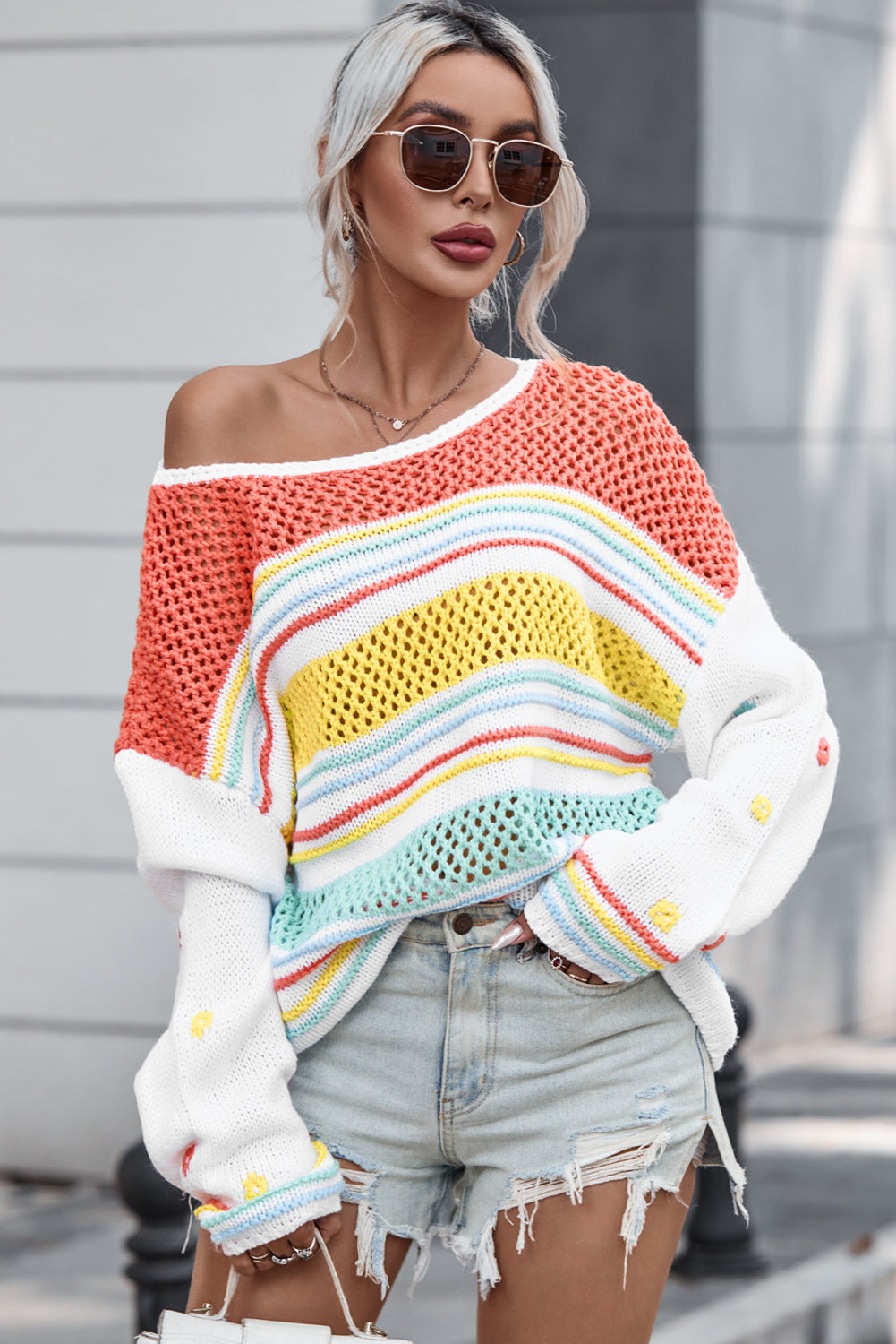 Openwork Striped Sweater