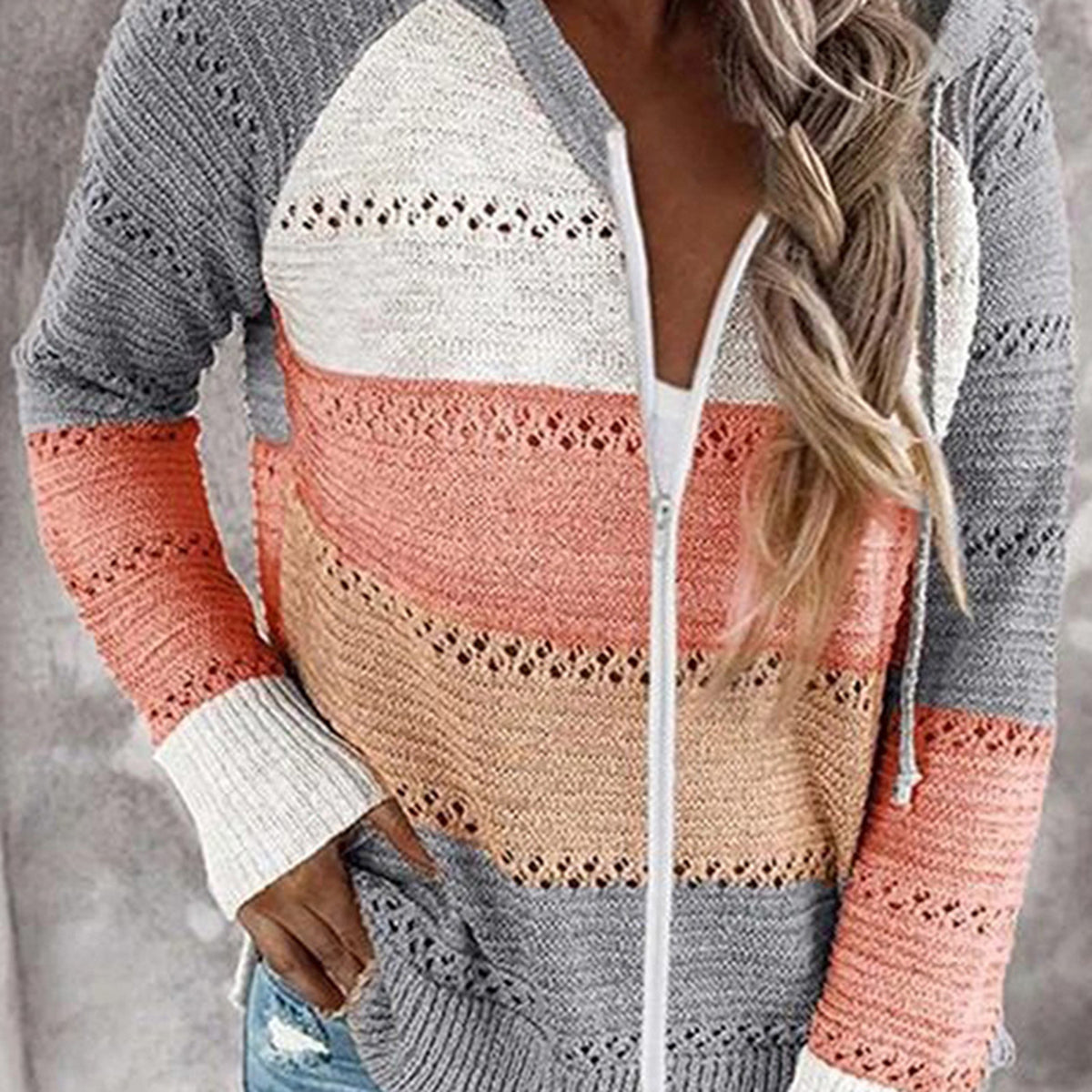 Color Block  Drawstring Sweater