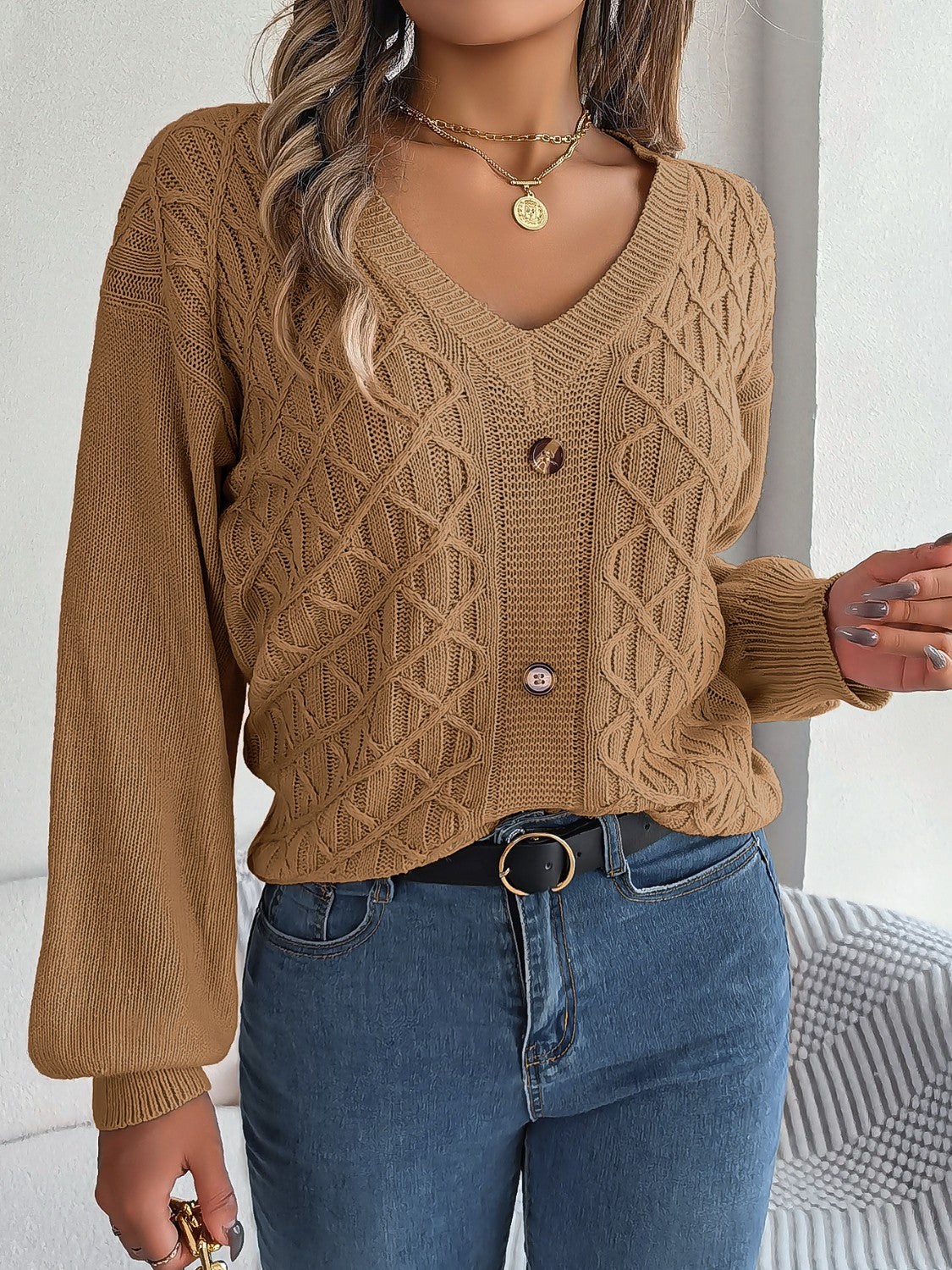 Cable-Knit V-Neck Sweater