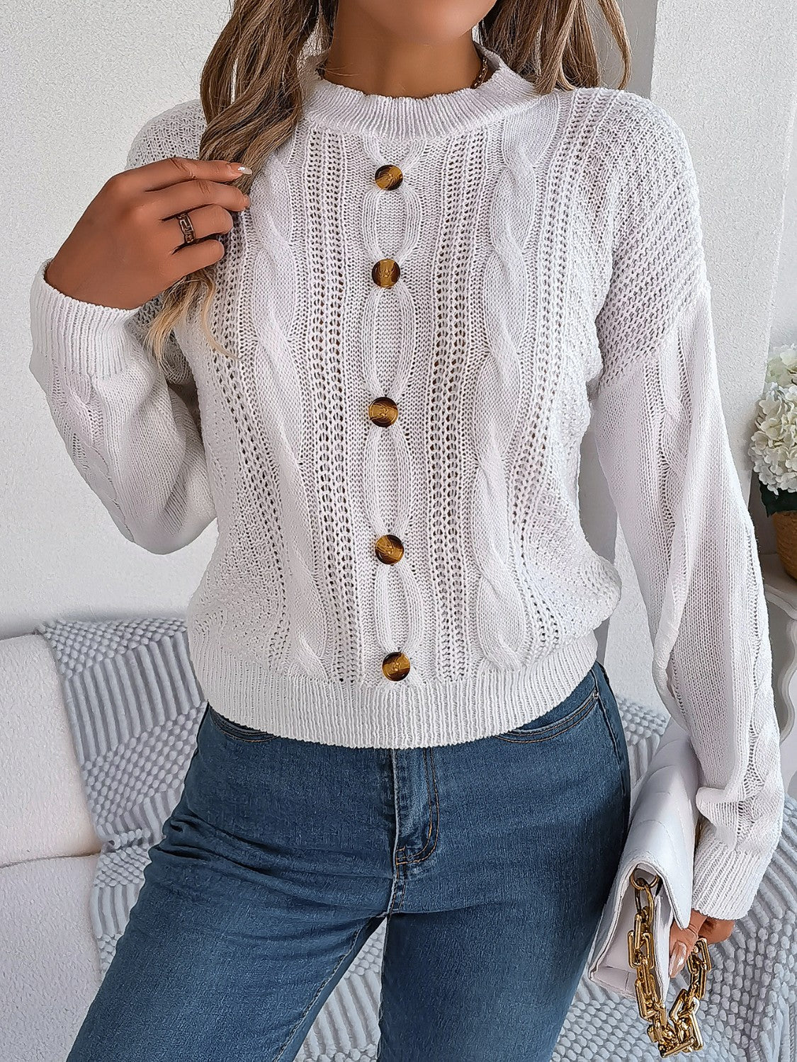 Cable-Knit Buttoned Sweater