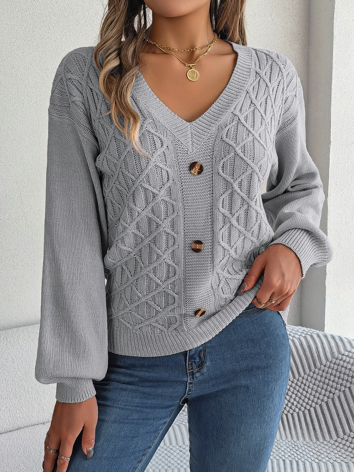 Cable-Knit V-Neck Sweater