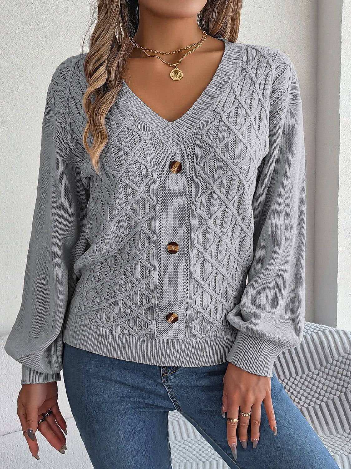 Cable-Knit V-Neck Sweater