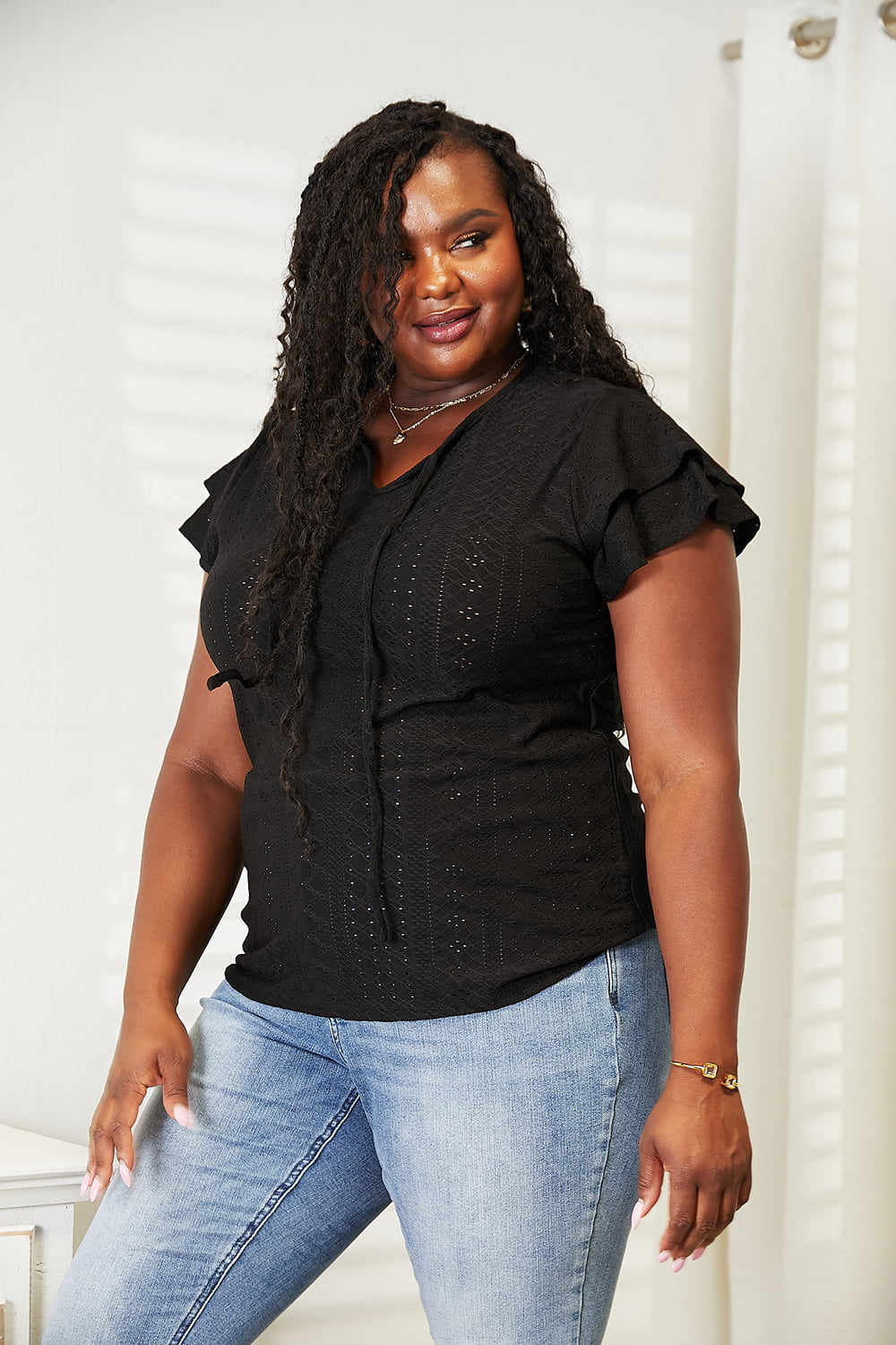 Tie-Neck Flutter Sleeve Blouse